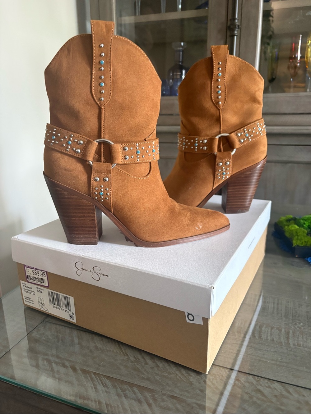Jessica Simpson Tan Suede Studded Western Ankle Boots